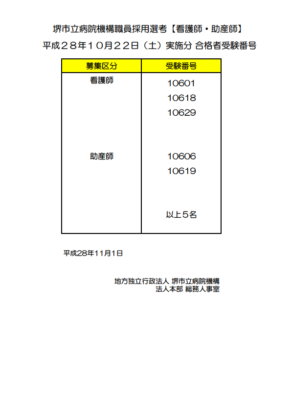 看護師 助産師採用選考合格者の受験番号を発表します 堺市立総合医療センター